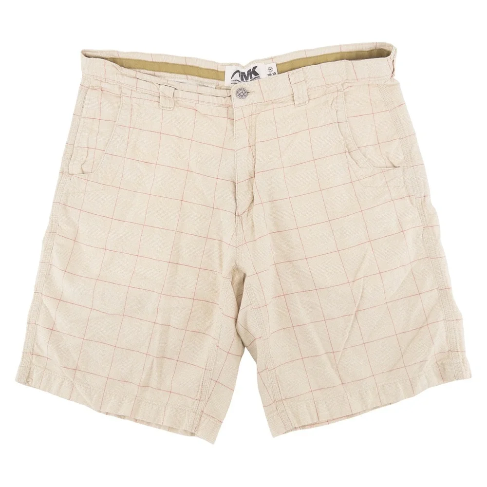 Mountain Khakis Mens 38 Linen Cotton Blend Shorts Beige Red Windowpane Gorpcore